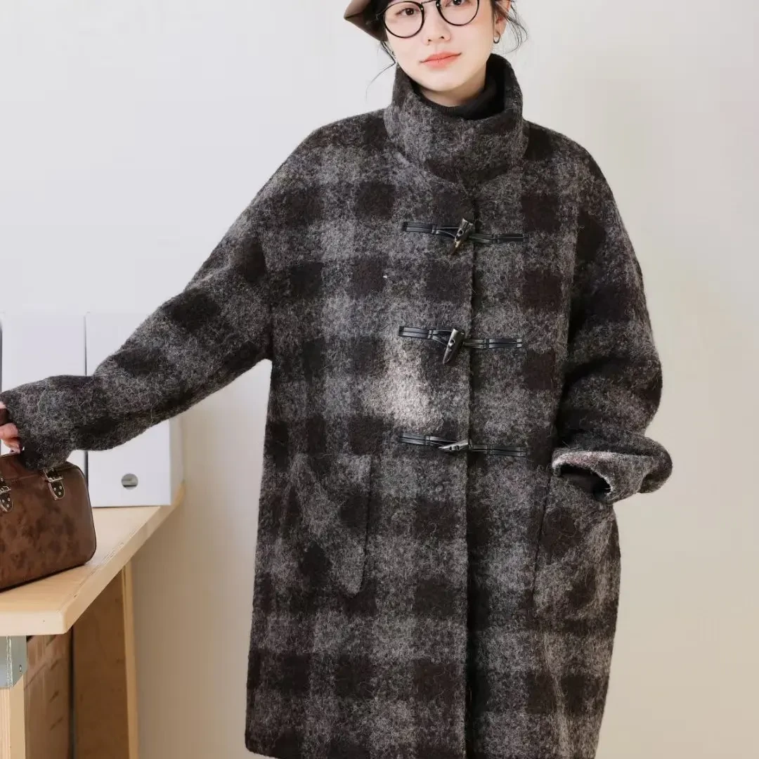 冬季新款长款休闲格子毛呢大衣时尚保暖