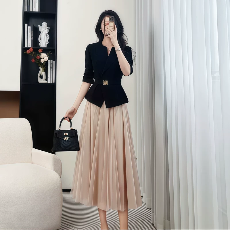 2025早春新款韩系收腰西装外套网纱半身裙套装女气质感两件套女装