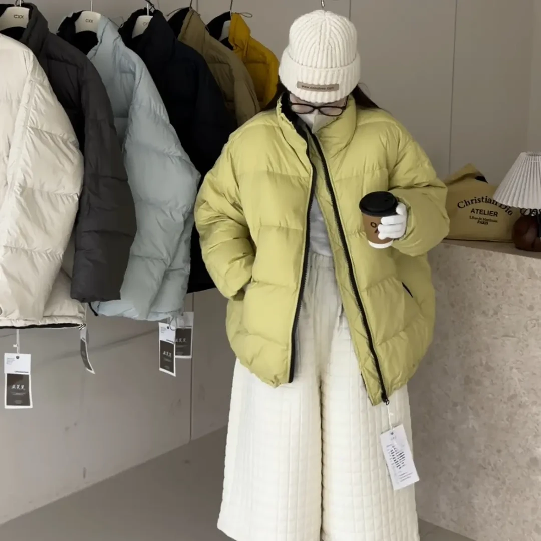 韩版时尚简约休闲撞色新款宽松女立领纯色厚款ins气质羽绒服外套