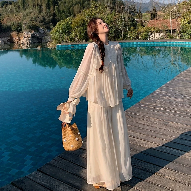 法式超仙薄款防晒套装女春夏温柔风绝美漂亮雪纺上衣阔腿裤两件套
