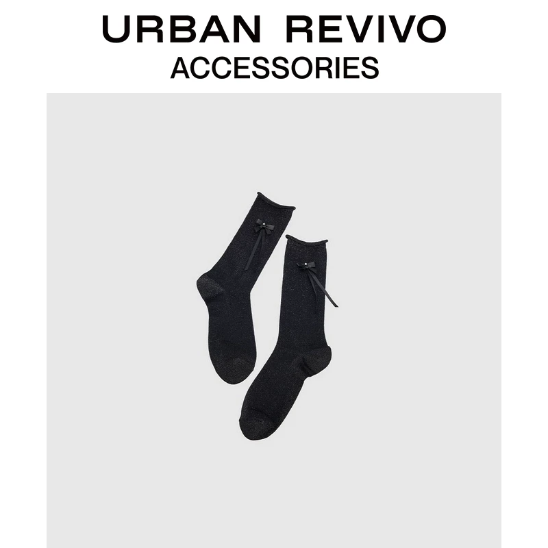 URBAN REVIVO2025春季新款女士蝴蝶结中筒袜一双装UAYA50007