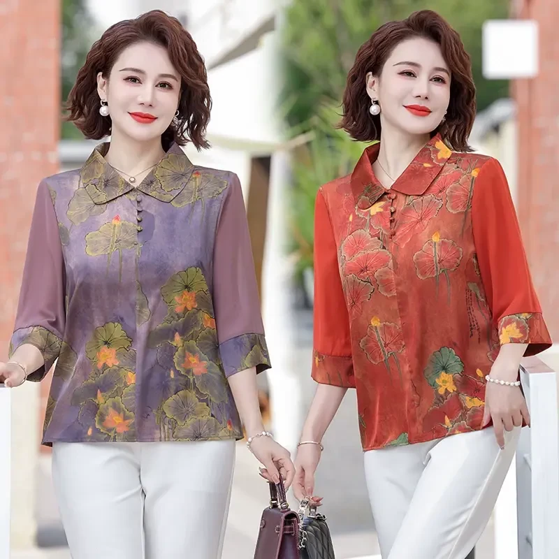 F209中老年女装春秋上衣国风打底小衫50岁岁中年妈妈装中袖恤洋气