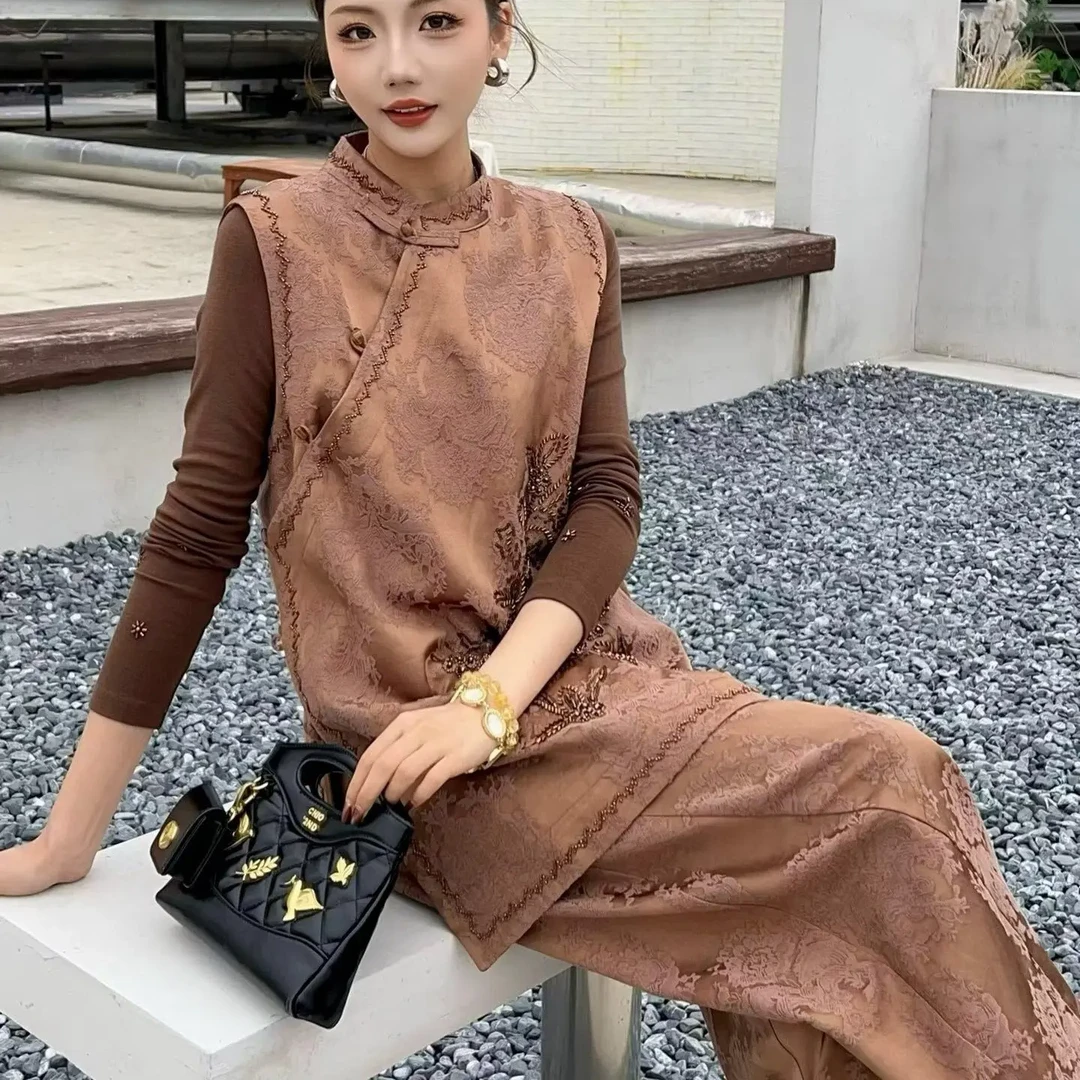 MZ雅+25秋新款重工钉珠提花无袖马甲搭阔腿裤气质套装秋女三件套