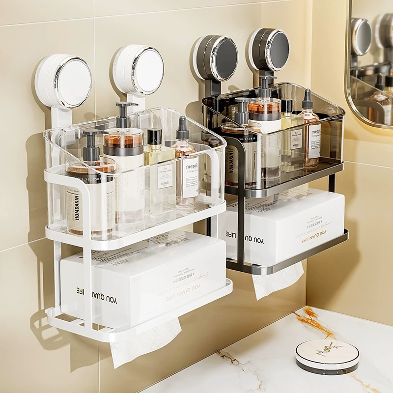 吸盘卫生间置物架壁挂式免打孔浴室漱台化妆品脸巾纸巾收纳架
