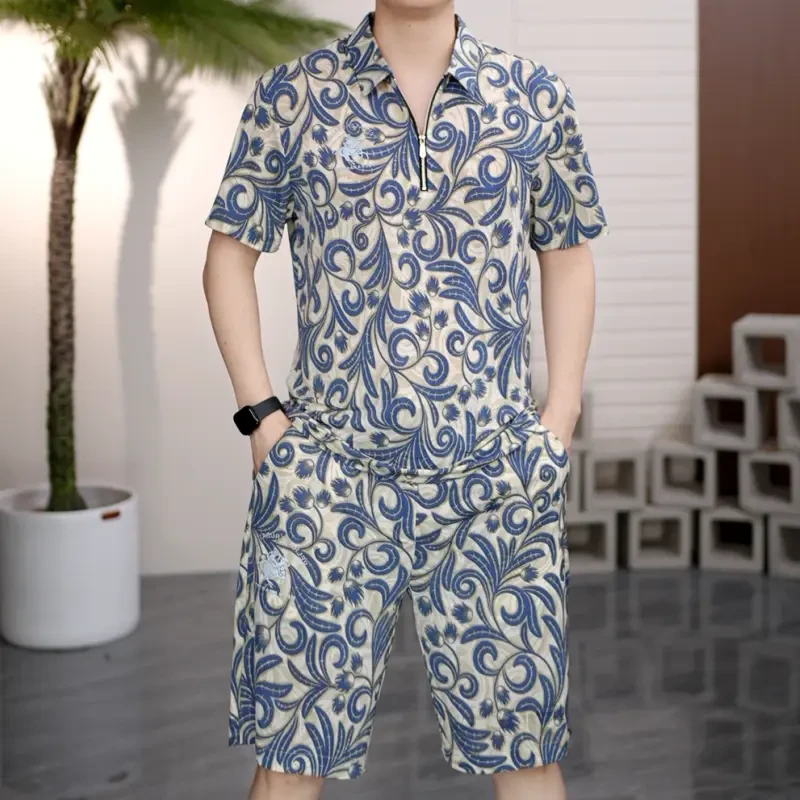 2025夏季男士欧货半袖翻领拉链花纹透气轻奢短袖T恤短裤套装潮流