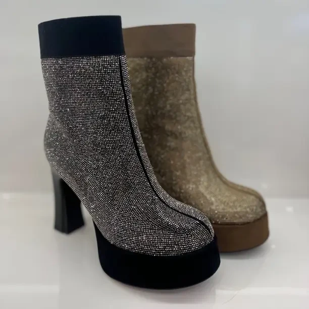 防水台压钻女士高跟厚底弹力气质短靴百搭女靴时尚带拉链冬款女靴