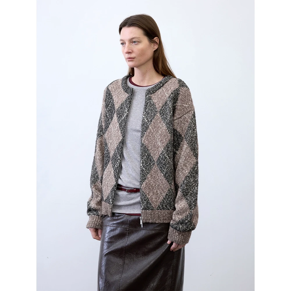 RandomPiece【达人】25春 环保牦牛绒嵌花菱格纹双头拉链针织开衫