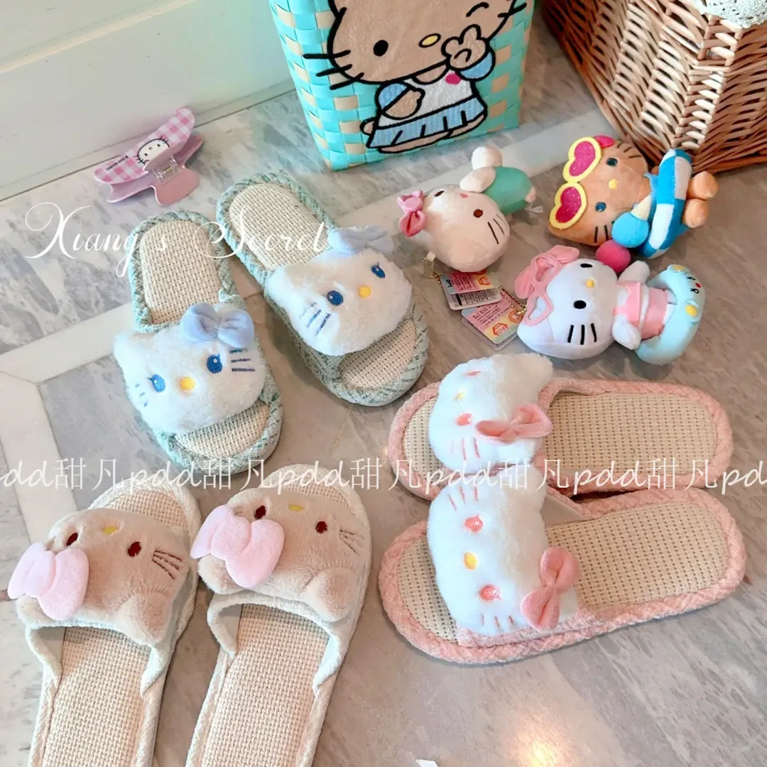 少女心原创亚麻Kitty布艺凉席拖鞋居家透气吸汗防kjj