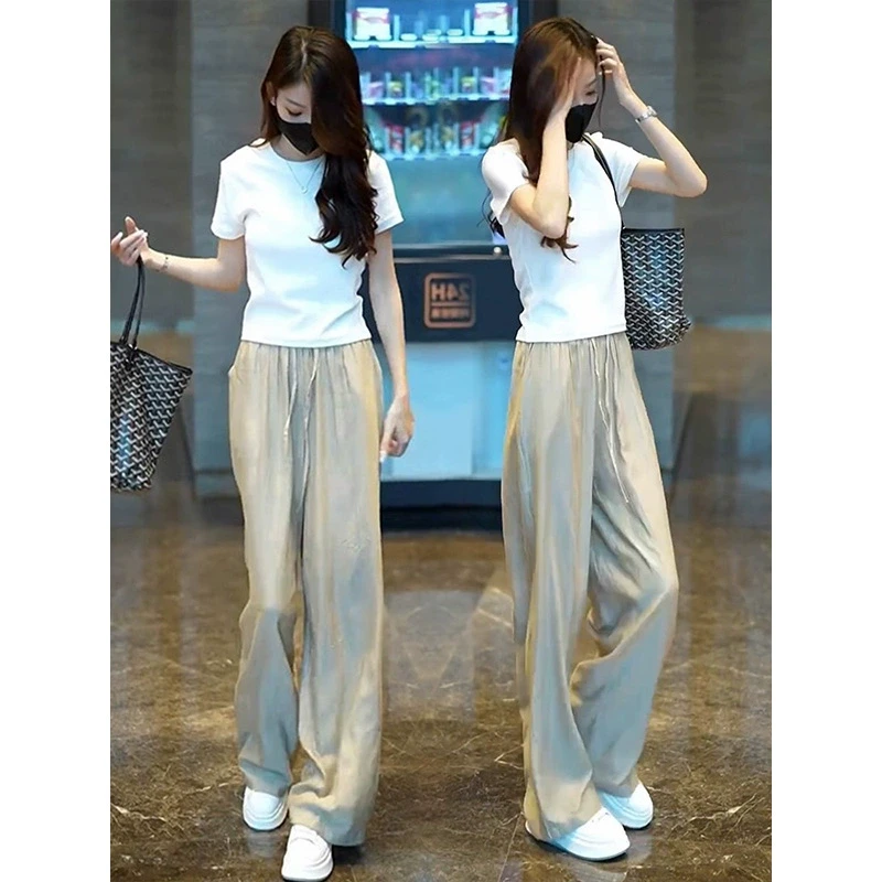 网红炸街休闲运动套装女夏2025新款T恤冰丝阔腿裤时尚搭配一整套