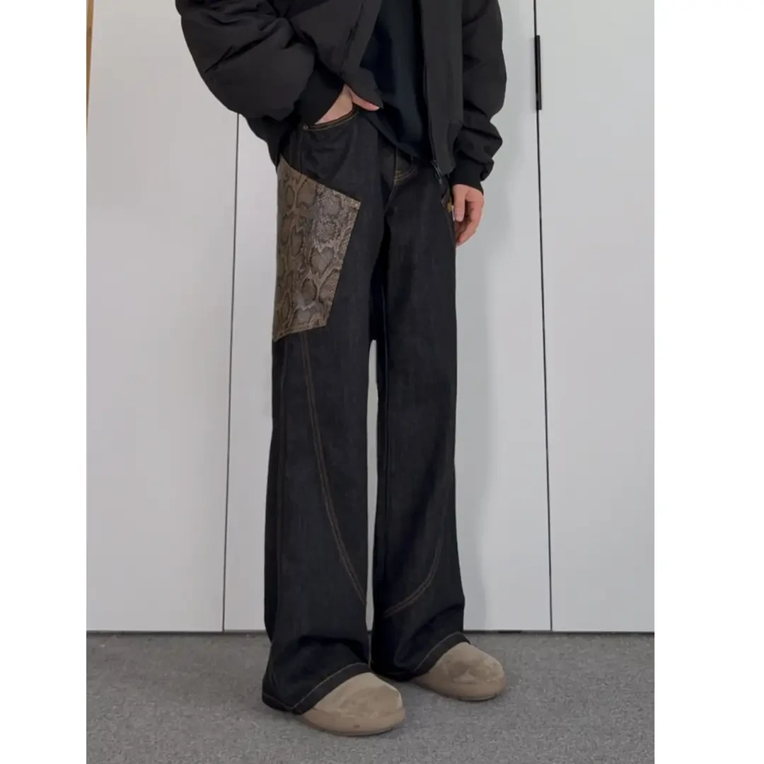 蛇年限定【原牛黑曼巴蛇纹】微喇叭黑色牛仔裤男宽松cleanfit裤子