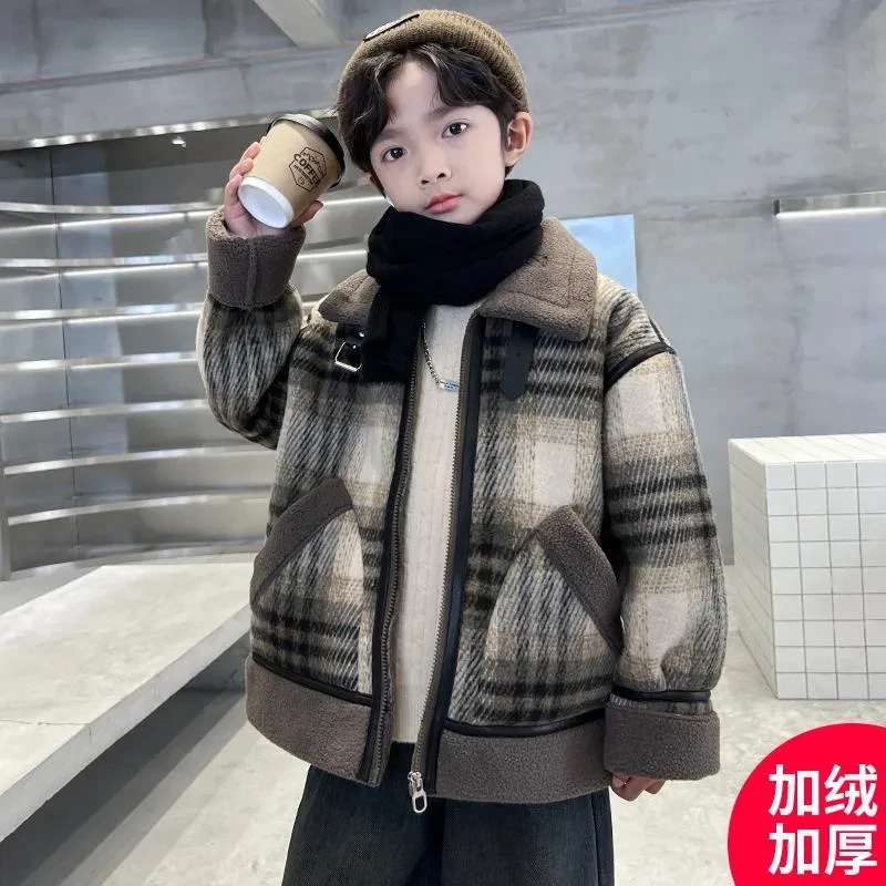 男童羊羔绒外套秋冬款2024新款冬季加绒加厚中大儿童男孩冬装棉服