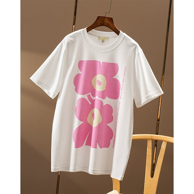 春天家 芬兰花朵 简约佰搭圆领印花丝光棉短袖T恤女9V86