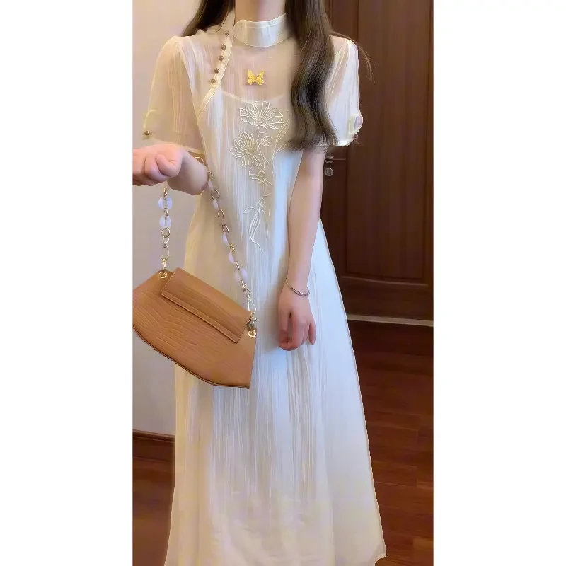 新中式国风高级设计感荷花刺绣宽松改良旗袍外衫搭吊带连衣裙9611