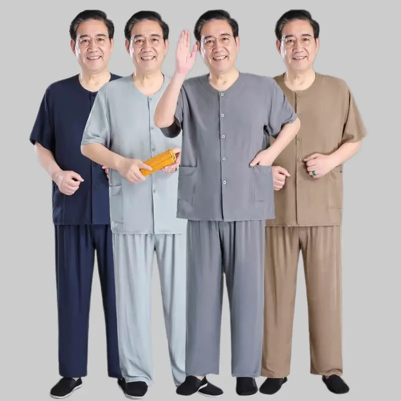 【千人购】开衫棉绸爸爸套装夏季睡衣男士短袖宽松长裤爷爷家居服