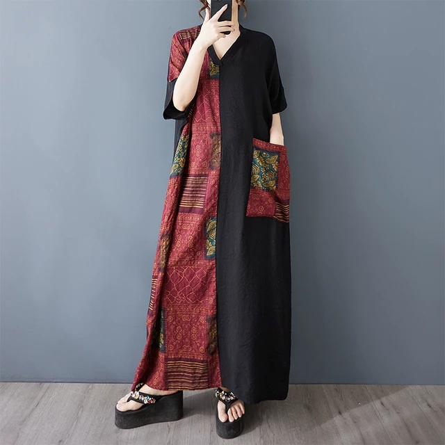 薄棉麻印花显瘦V领短袖撞色拼接黑长款连衣裙 胖mm宽松袍子加长款