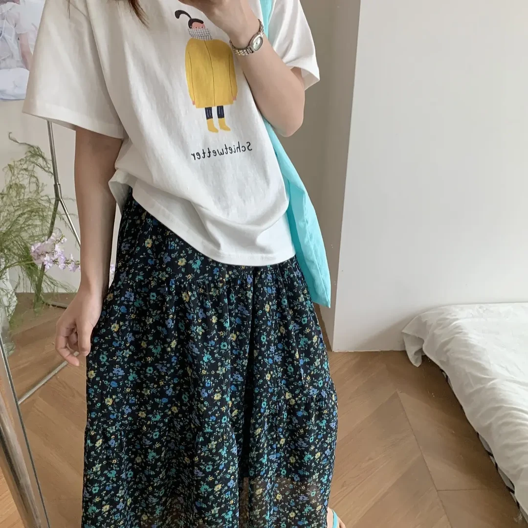 韩系卡通人物印花圆领短袖T恤女春季新款小众设计休闲短袖