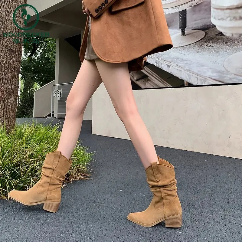 啄木鸟赵露思同款牛仔靴女秋冬季加绒短靴套筒褶皱堆堆靴骑士靴子