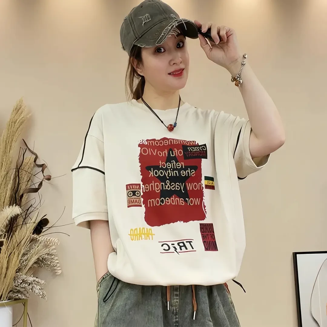 女士纯棉2025轻薄小众设计感宽松显瘦短袖T恤夏季半袖上衣带印花