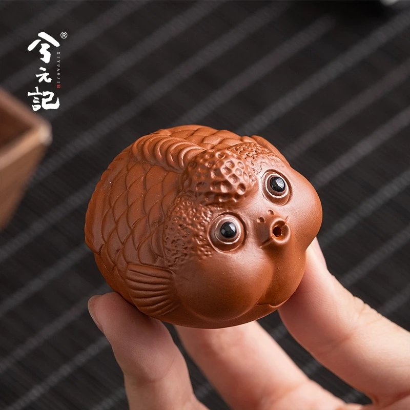 兮元记紫砂朱泥泡泡鱼茶宠精品可养创意吐泡泡小鱼茶桌茶玩摆件