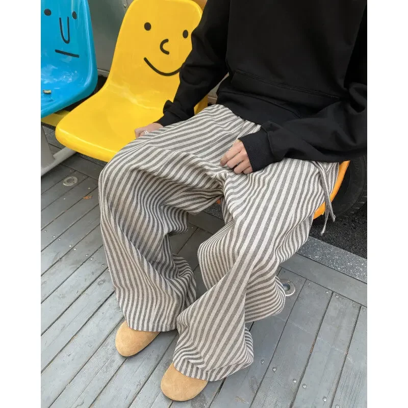 2025夏季复古慵懒百搭质感宽松竖条纹直筒拖地休闲裤SW489垂感