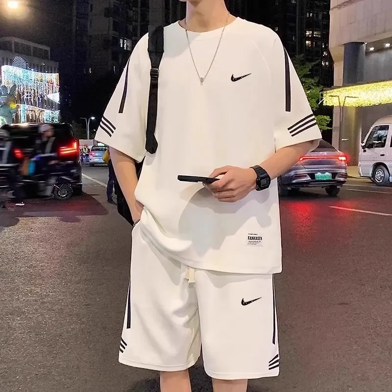 耐NK克休闲运动套装男士夏季薄款短袖t恤青少年短裤帅气两件套男