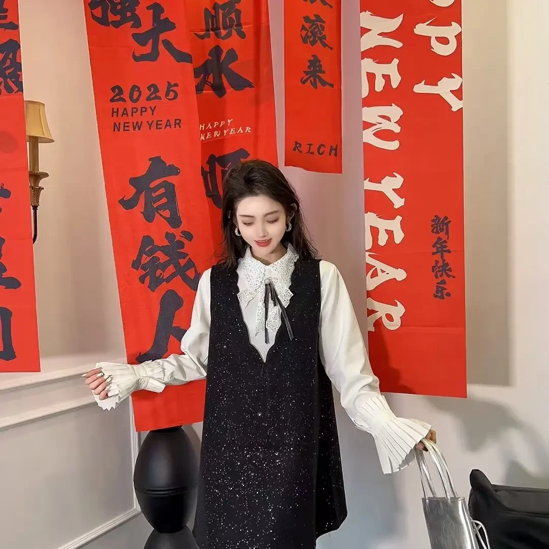 胖mm亮晶晶毛呢马甲裙➕娃娃衬衫套装显瘦时尚百搭