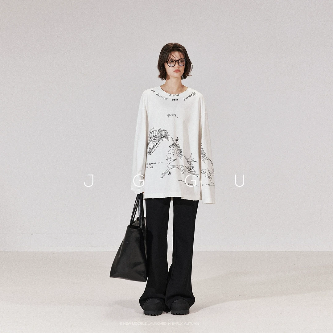 JGGU晶咕黑标  梦幻线条100棉磨毛涂鸦多印花质感长袖TJG11240295