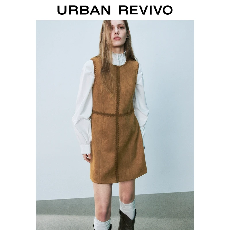 UR2025春季新款女装欧若风复古雅丹风波浪缝线连衣裙UYL750006