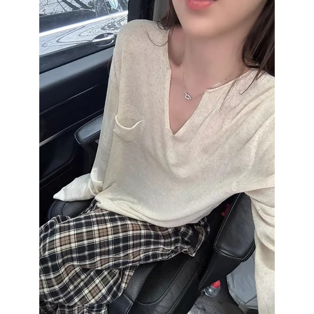 早秋慵懒松弛老钱风v领长袖防晒针织衫女春夏薄款空调罩衫上衣