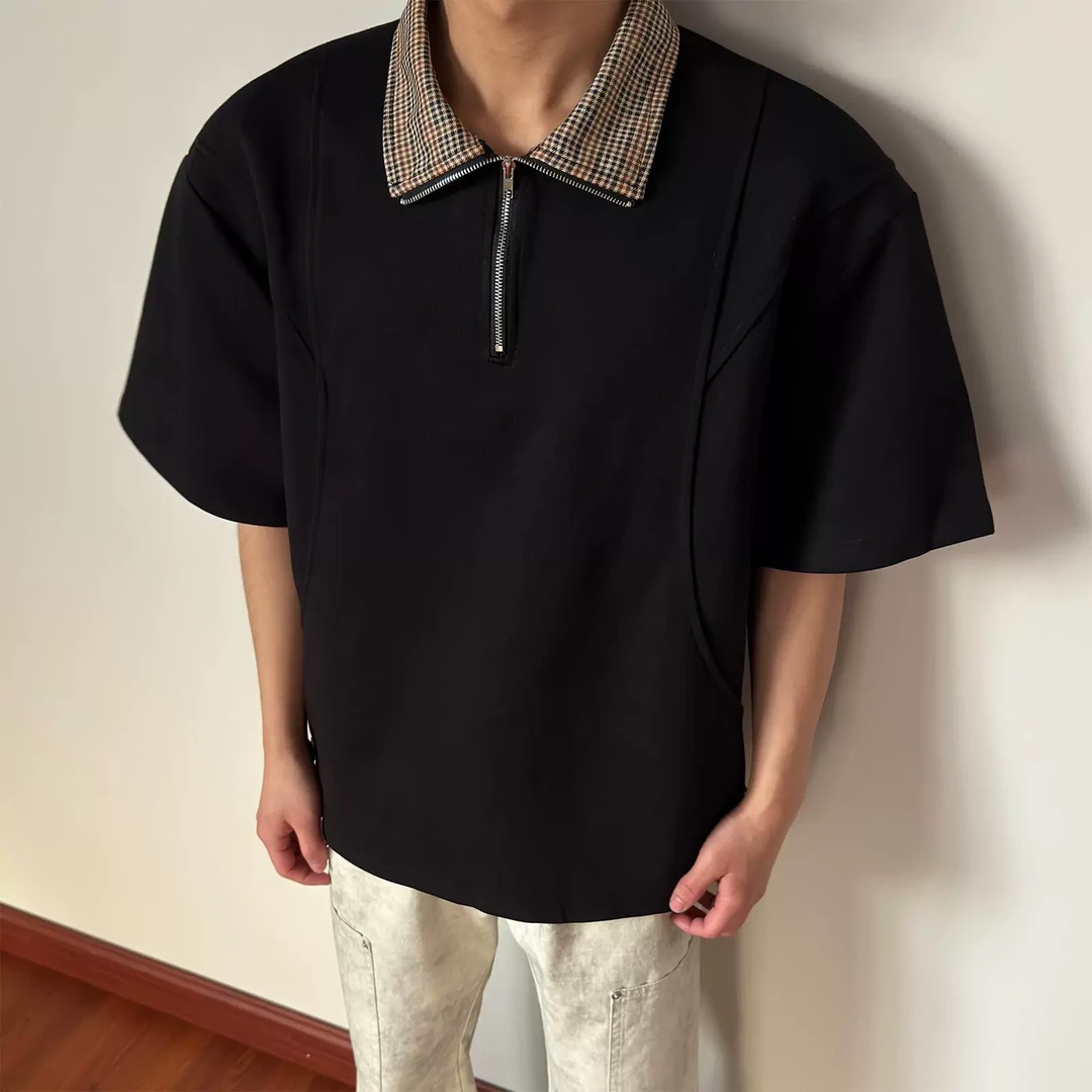 布老哥Blog重磅'锦棉罗马'半拉链polo衫短袖拼接千鸟格T恤夏D102