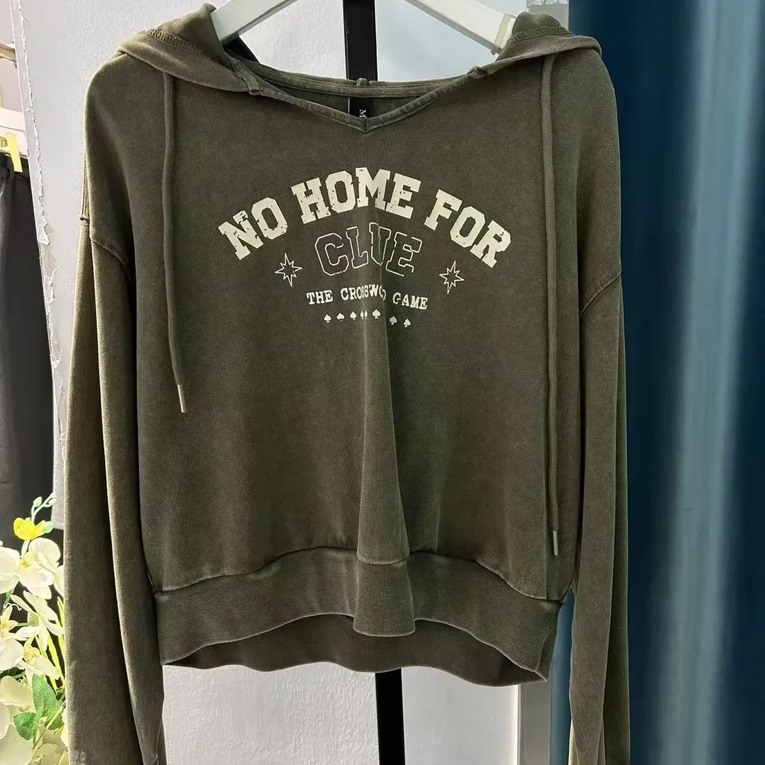 不褪色字母短款百搭秋季女装绿色女士卫衣落肩袖加绒