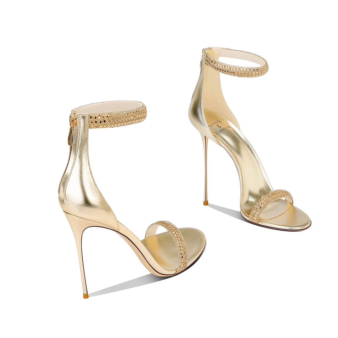 时尚高级感金色高跟鞋2025夏季新款绝美小个子细跟气质一字带凉鞋