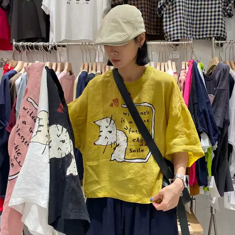 TY53307苎麻上衣女大码短袖韩版休闲宽松洋气印花夏季新款减龄潮