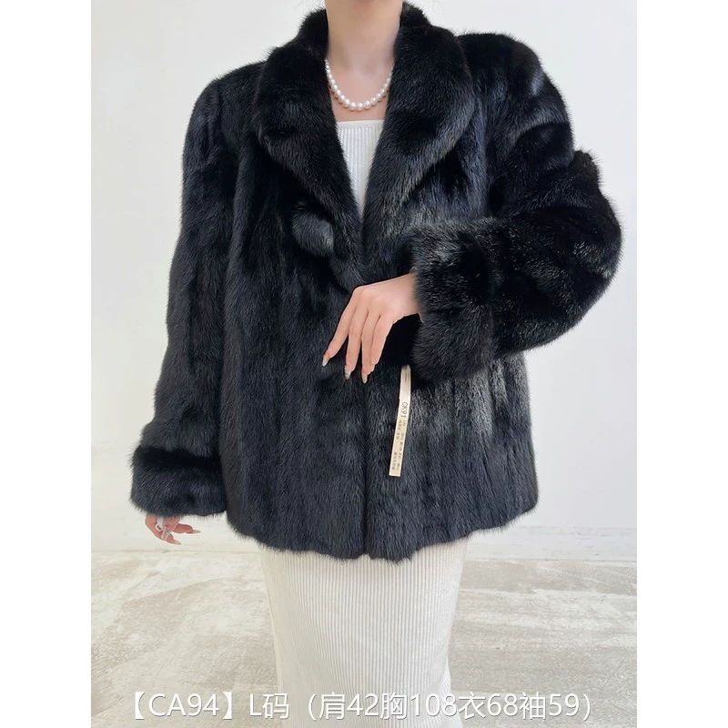 【CA94】L码 纯黑色全抽短款貂皮大衣皮草外套 翻领挽袖
