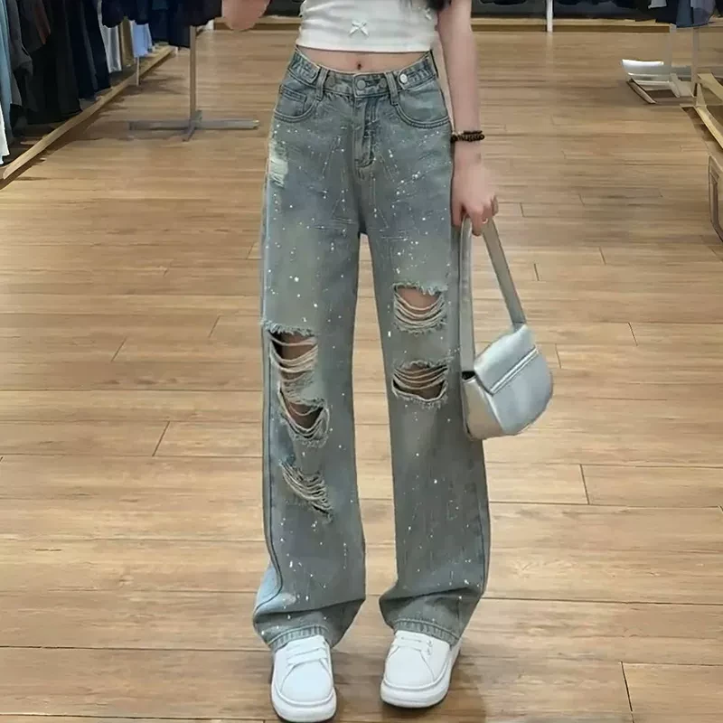 水洗破洞烫钻直筒牛仔裤女春季新款大码胖mm高腰宽松显瘦阔腿裤子