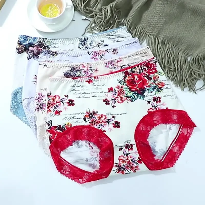 3条礼盒中腰性感蕾丝花边无痕印花内裤透气女士成人大码三角内裤