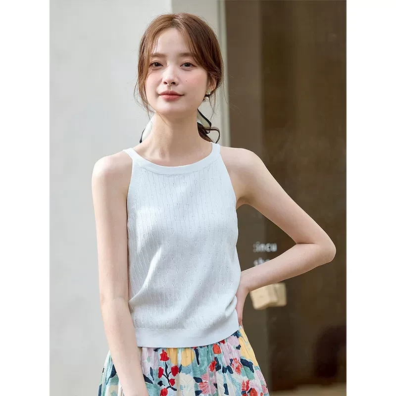 白色针织挂脖吊带背心女气质百搭无袖打底衫挖肩工字背心西装内搭