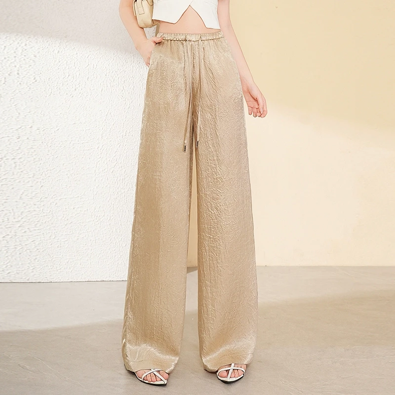 醋酸阔腿裤女2025夏季薄款垂感时尚宽松直筒松紧腰气质长裤休闲裤