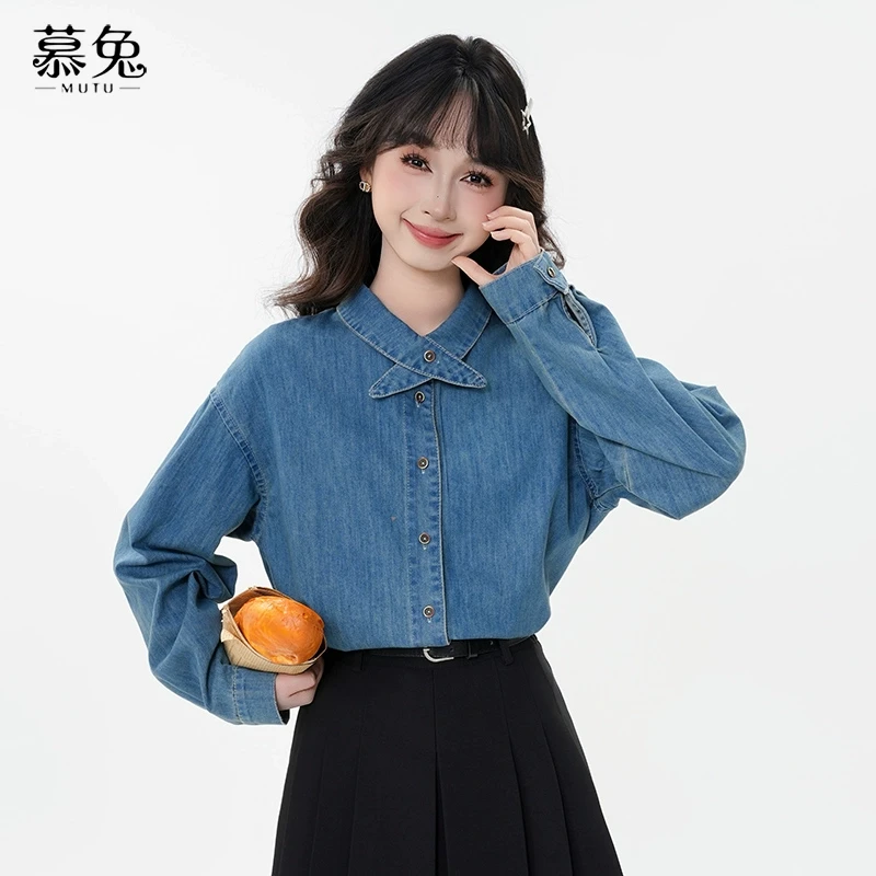 慕兔复古慵懒牛仔衬衫女2025春季新款设计感小众宽松显瘦休闲上衣