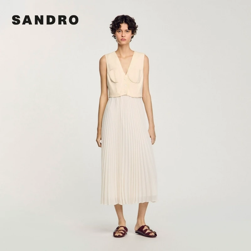 商场同款|SANDRO2025秋冬新款设计感拼接百褶连衣裙SFPRO04131