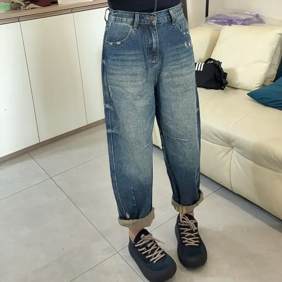 魏佳定制-2025磨毛半松紧腰水洗磨破无弹显瘦百搭牛仔老爹裤69190