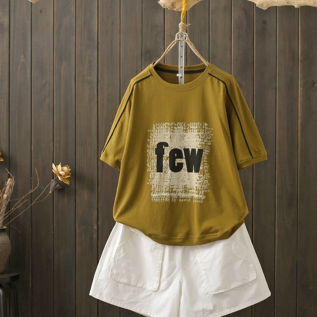2025年夏季新款设计感印花t恤女款宽松短袖时尚休闲大码上衣女ZB