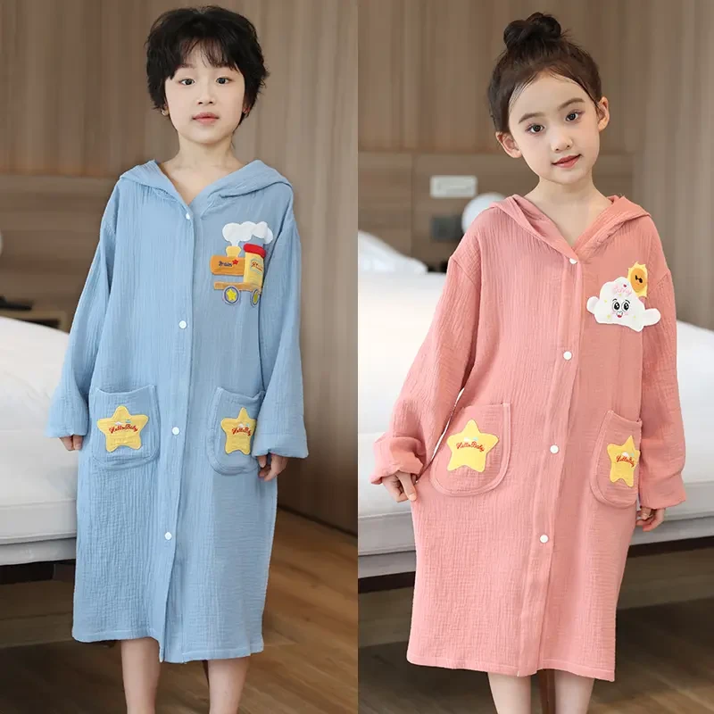棉纱夏季儿童浴袍游泳纱布浴巾带帽浴袍可穿吸水透气连帽2025新款