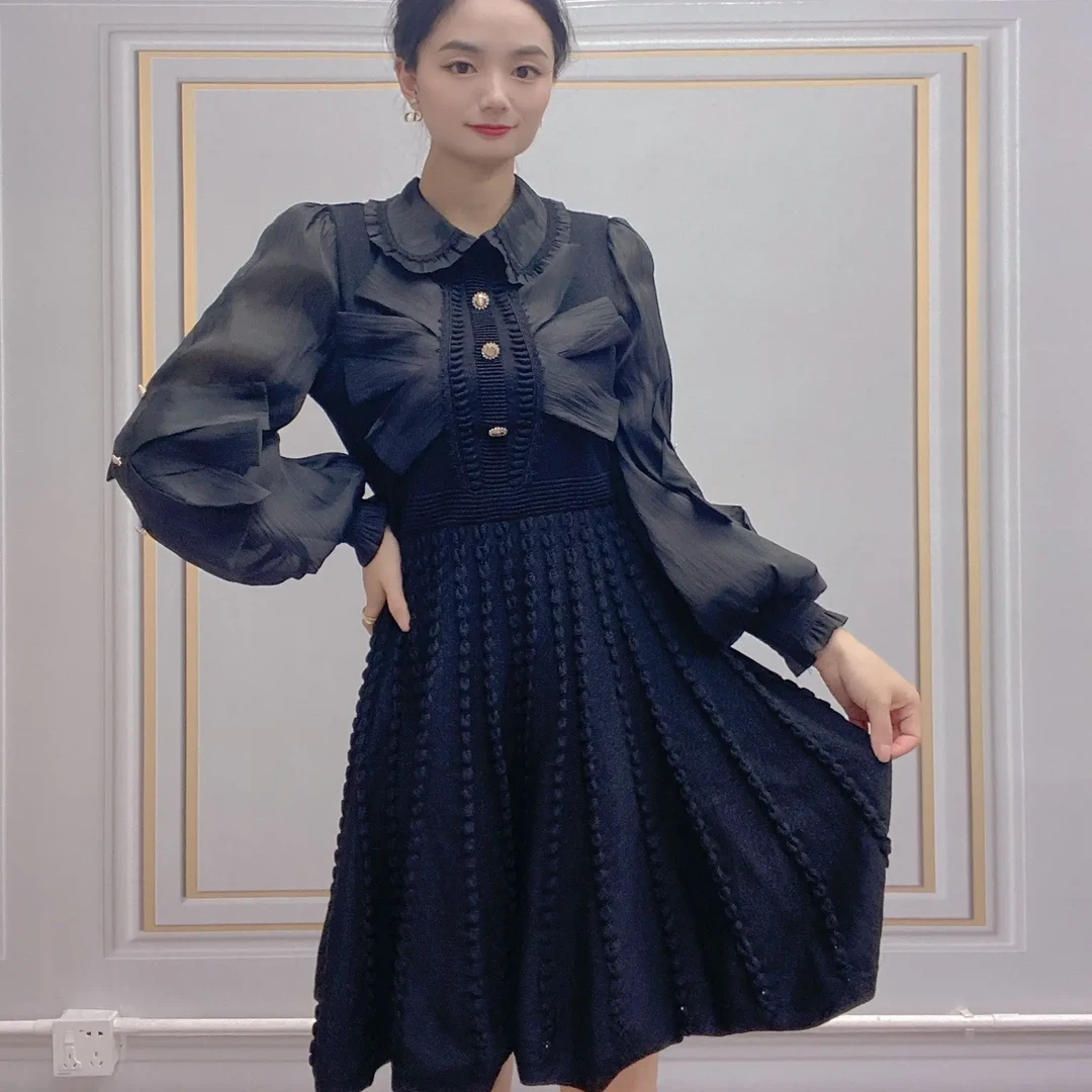 秋冬新款2032小香风气质甜美拼接显瘦百搭长袖针织连衣裙