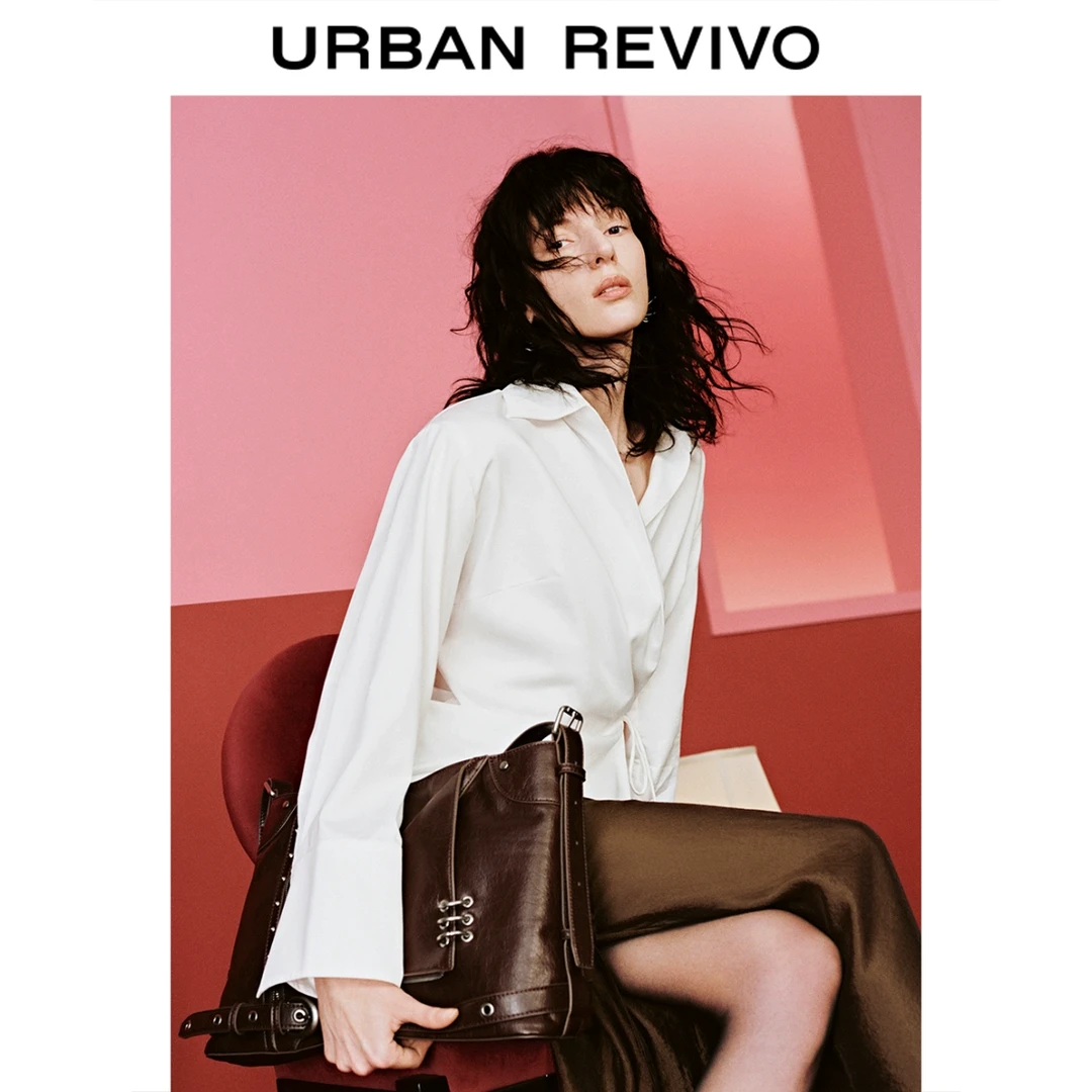 UR2025春季新款女欧若风摩登不对称收腰系带开襟衬衫UWG250016