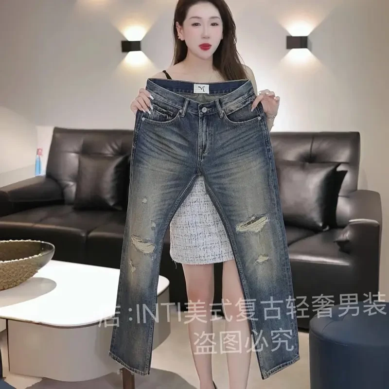 夏季原创高端复古美式做旧蓝色破洞宽松直筒男士牛仔裤阔腿裤潮牌