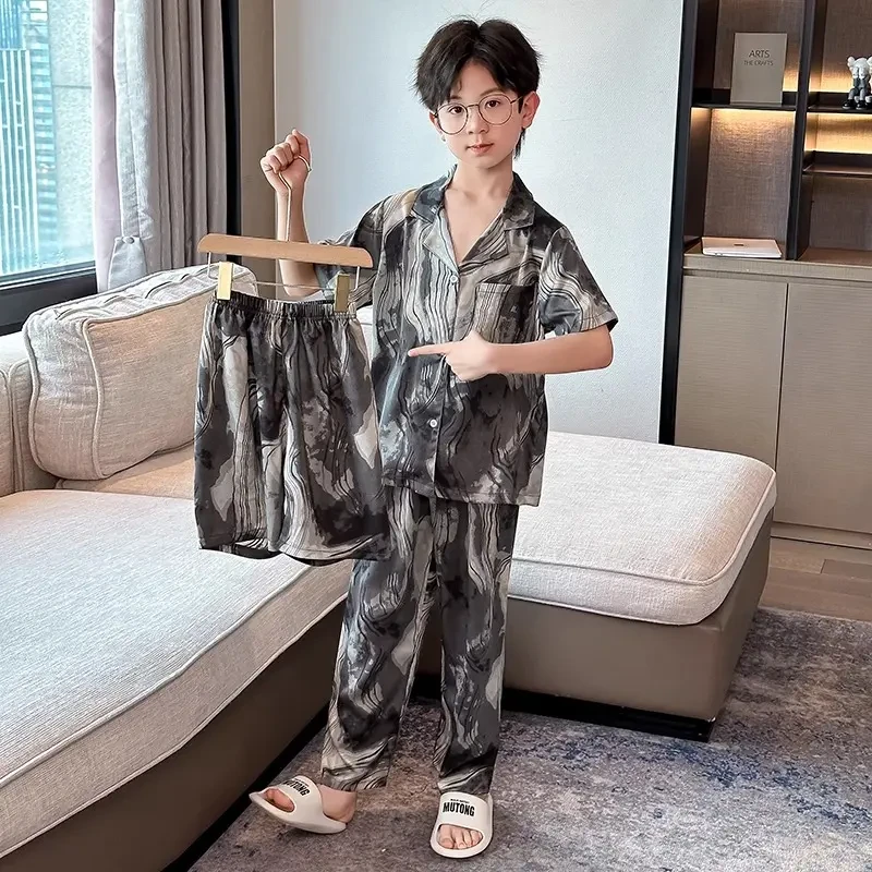 儿童睡衣男童薄款夏季冰丝男孩大童空调家居服2025新款夏天三件套