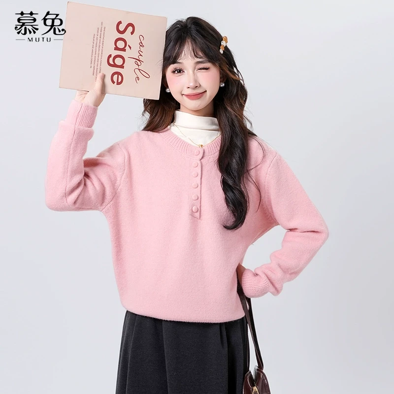 慕兔小个子圆领套头毛衣女2024冬季新款慵懒风软糯显瘦针织衫上衣