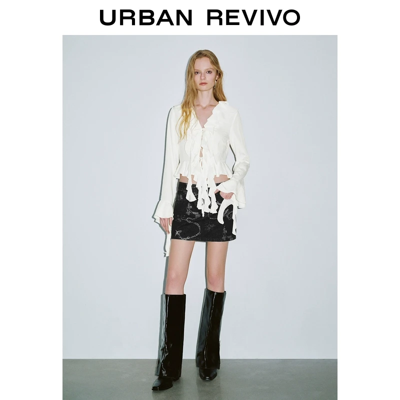 UR2025春季新款女欧若风优雅气质叠层荷叶边开襟衬衫UYV250008