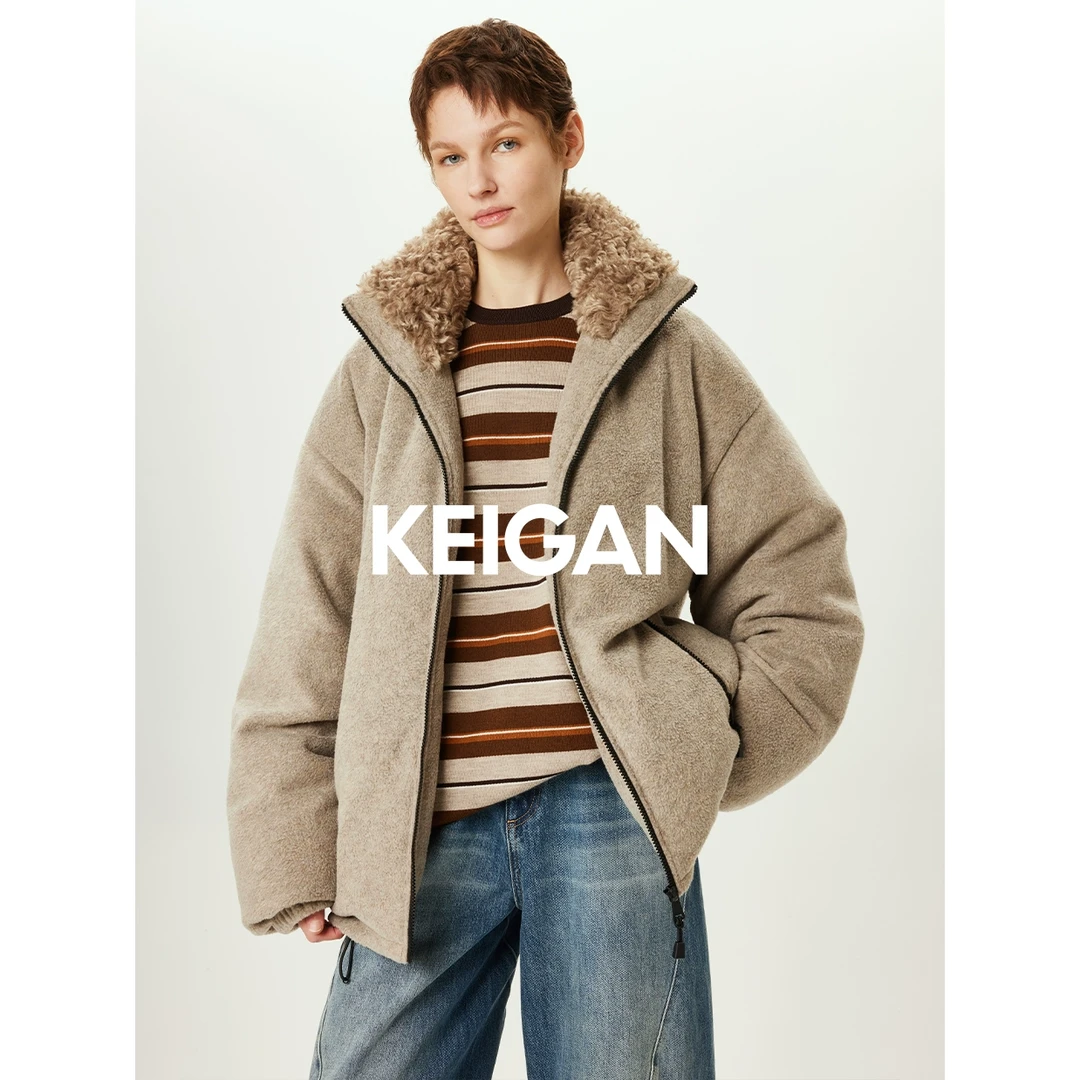 开间/日本进口摇粒绒蓬松轻盈温暖95白鹅绒卷毛皮草领泡芙羽绒服